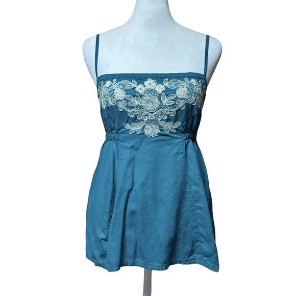Billabong Size Small Emerald Green Floral Embroidered Boho Babydoll Tank Top - Picture 1 of 6